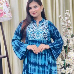 Premium Batik Linen Embroidery Kurti for Women Blue