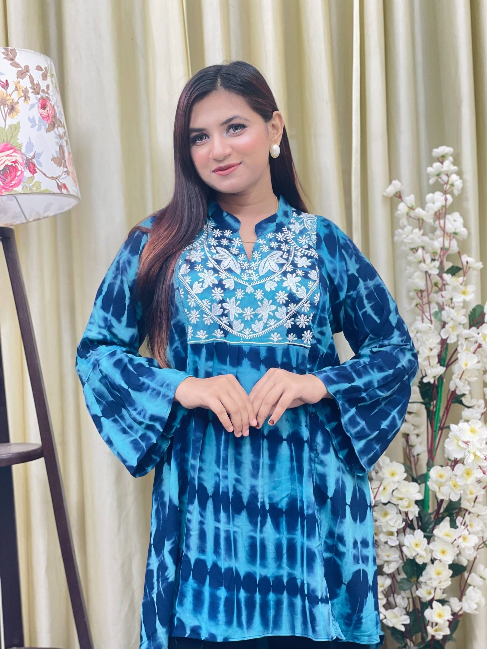 Premium Batik Linen Embroidery Kurti for Women Blue