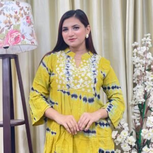 Premium Batik Linen Embroidery Kurti Yellow