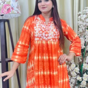 Premium Batik Linen Embroidery Kurti for Women Orange