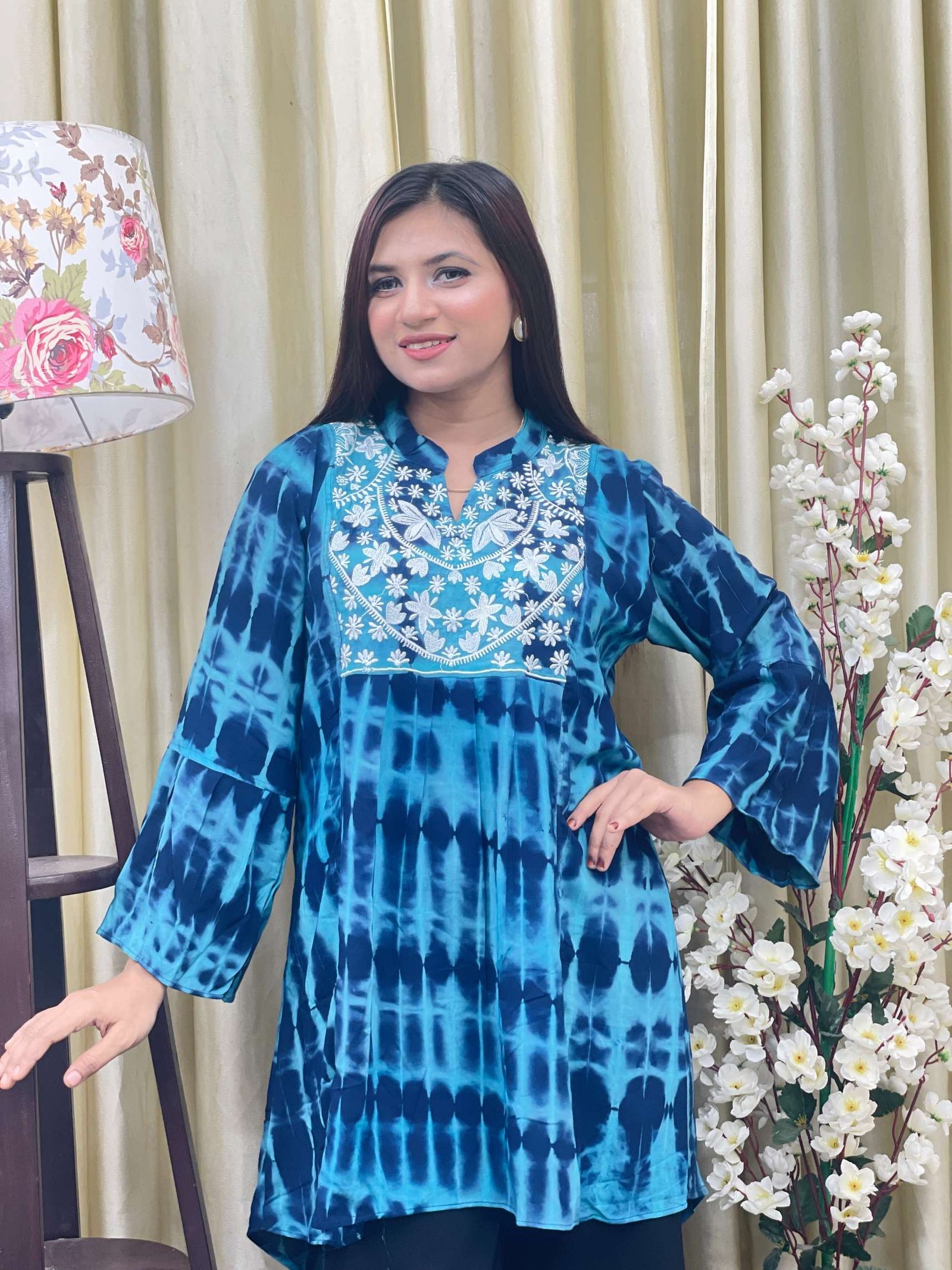 Premium Batik Linen Embroidery Kurti for Women Blue - Image 4