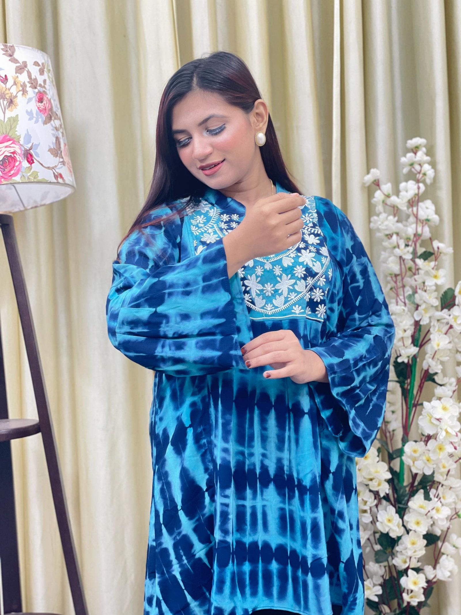 Premium Batik Linen Embroidery Kurti for Women Blue - Image 2
