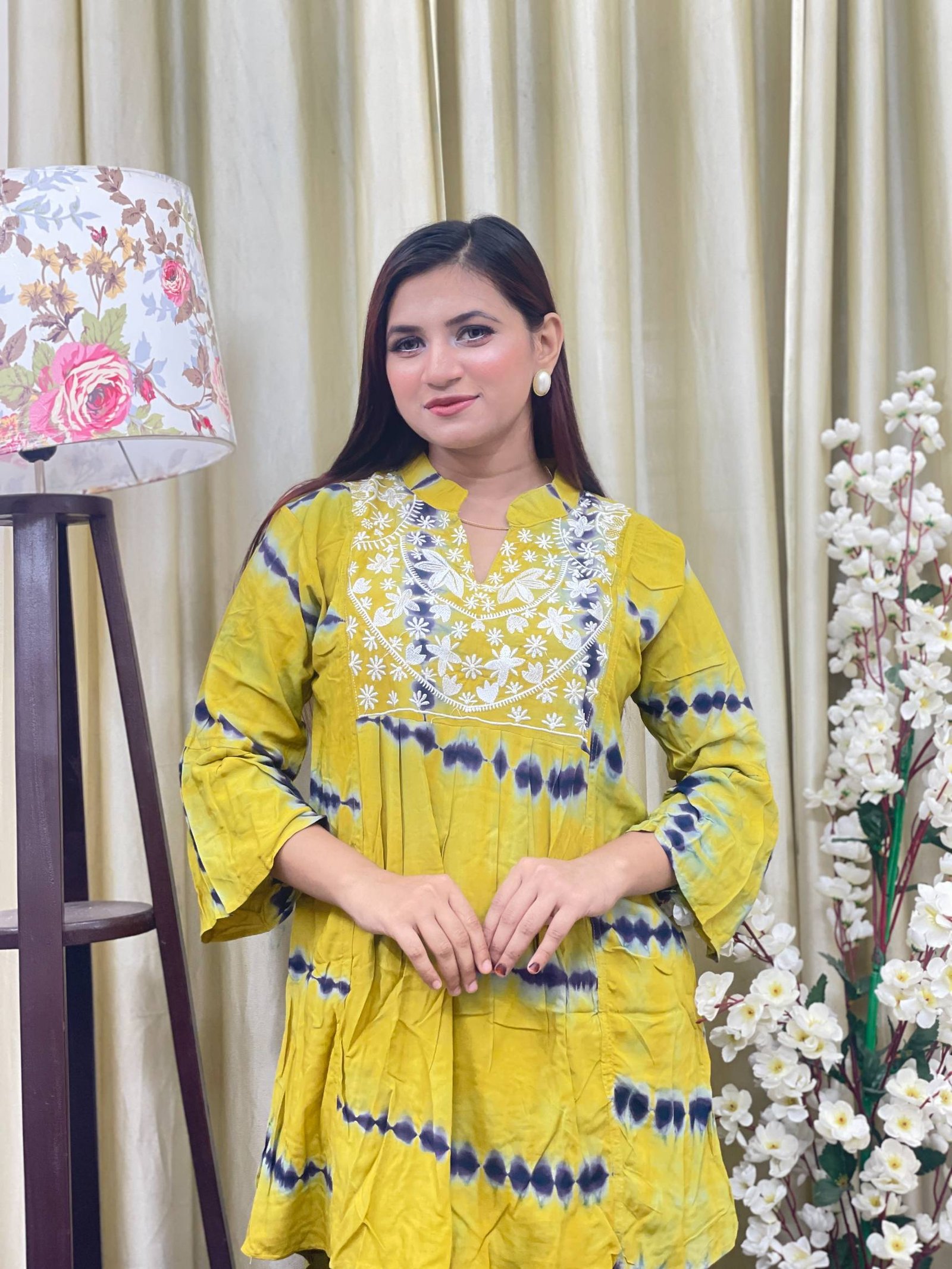 Premium Batik Linen Embroidery Kurti Yellow